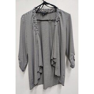 Perceptions Womens Black White Striped‎ Cardigan Size 8 Cascading Ruched Sleeve